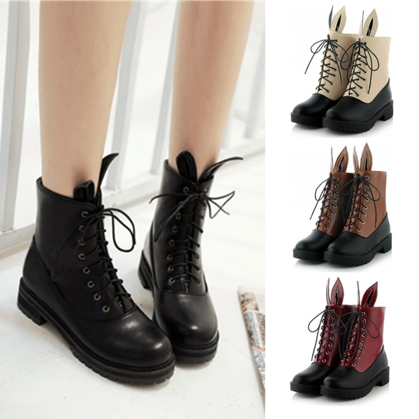 Spring Autumn shoelace botte femme boots waterproof ladies boots shoes for women plus size black bunny ears shoes