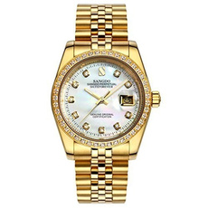 Sangdo Men Diamond-Accented Bezel White Shell Dial 18k Gold Band Automatic Mechanical Watch