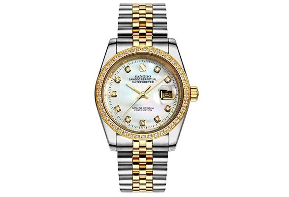 Sangdo Men Diamond Accented Bezel White Dial Two Tone Band