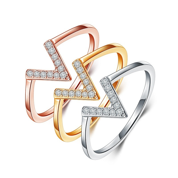 Fashion Design V Shape Crystal Ring Women Sterling Silver Plating Gold Finger Rings Wish
