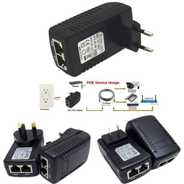 48V-0.5A EU US Wall Plug POE Injector Ethernet Adapter Camera Phone Power  Supply