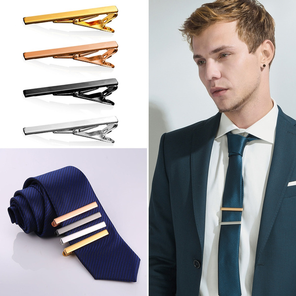 Men Tie Clip Set,Set of 4 Modern Tie Clip, Trendy Tie Bar Pinch Clip Sets  for Regular Tie 2 Inch Business Tie Clips