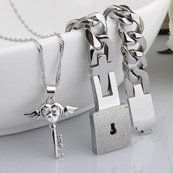 Stainless Steel Chain Necklace Lock Key Pendant Necklace Couple