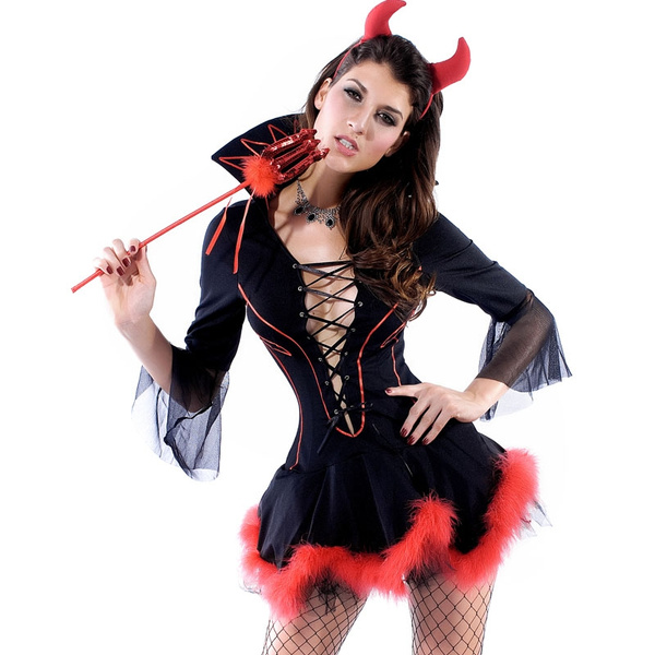 Sexy Women Horns Pitchfork Lace-Up Cosplay Party Mini Dress One Size | Wish