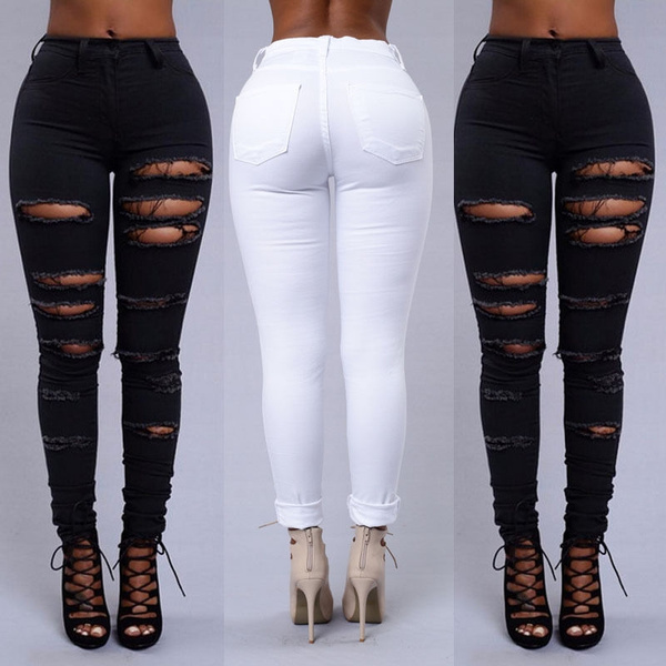 Womens Distressed Ripped Frayed Skinny Denim Jeans Long Trousers Jeggings Pants