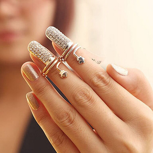 1PC Punk Cool Nail Jewellery Inlaid Rhinestone Finger Rings Fake Nail Art  Rings for Women