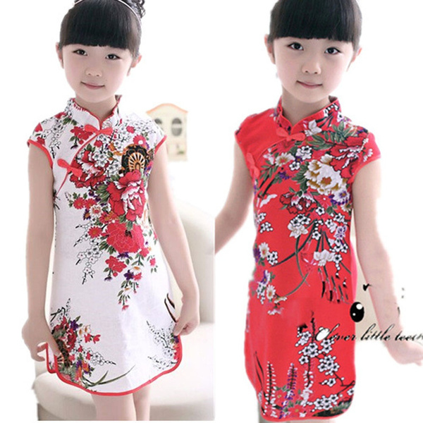 Girl Dress Red Plum Flower Chinese Traditional Cheongsam Children Qipao