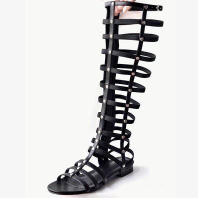 Women's Knee-High Flat Roman Sandals with Gold Studs - Black