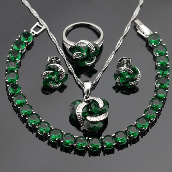 Unique 925 Sliver Jewelry Sets Green Emerald Necklace Pendant Earring ...