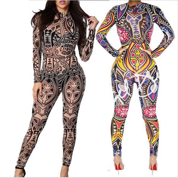 Size Women Tribal Tattoo Print Mesh Jumpsuit Romper Curvy African Aztec Bodysuit Celebrity Catsuit Jumpsuit Wish