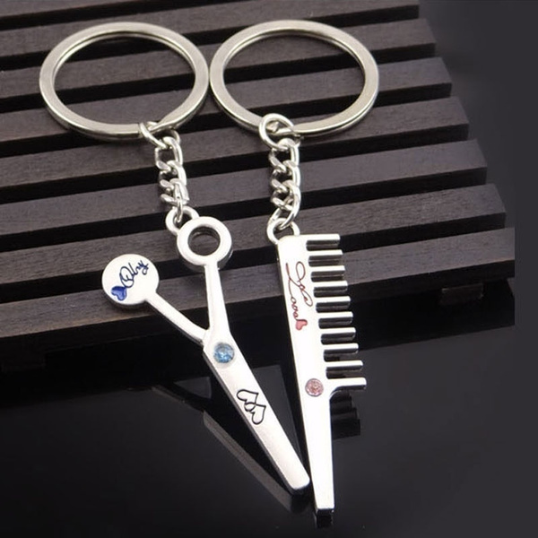 2pcs Scissors and Comb Key Ring Keyfob Couples Romantic Keychain Lover a 