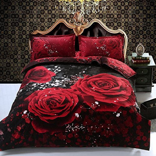 unihome,4pcs Queen Size Duvet Cover Set,3d Big Red Rose Bedding Set ...