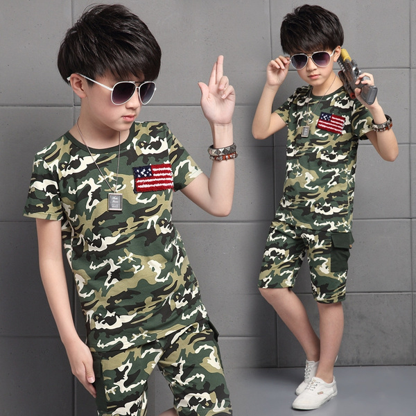 Little Boys Camouflage Sport Outfits Summer Tees TwoPiece Suits Korean