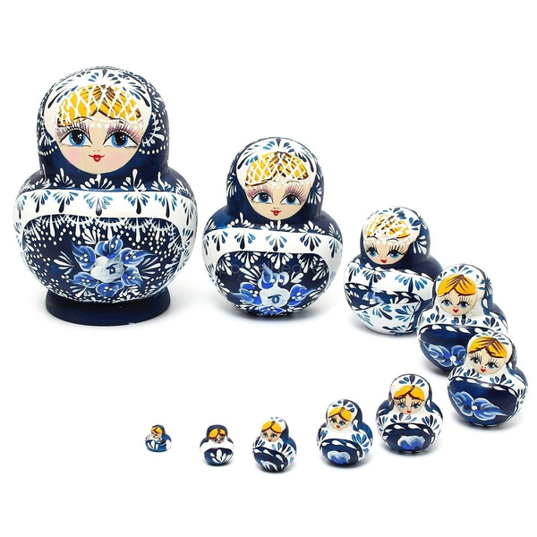 Set of 10 Pieces Hand Painted Blue Girls Russian Babushka Matryoshka Nesting Dolls Kit Kids Birthday Gift Christmas Ornaments