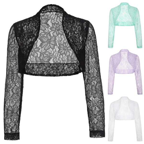 V-neck Wedding Bolero Jacket White Ivory Long Sleeves Lace Bridal Shawl Tops