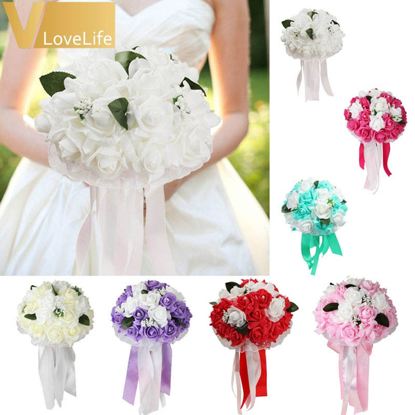 Fashion Many Colors Artificial Silk Flowers Bouquet Foam Roses Wedding