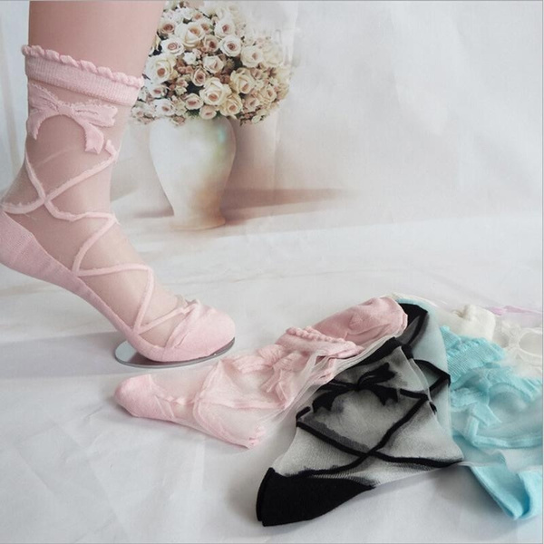 Bow Knit Frill Trim Girl Gift Sheer Mesh Transparent Ankle Socks Crystal Lace