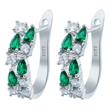 New Fashion Women's Jewelry 925 Sterling Silver Charm Emerald Gemstone Stud Hoop Earrings