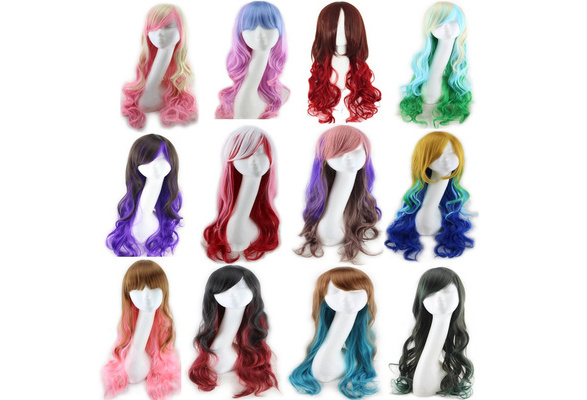 Women Pastel Multicolor Rainbow Party Wigs Heat Resistant Synthetic Wig Long Wavy Hair Cosplay Wish
