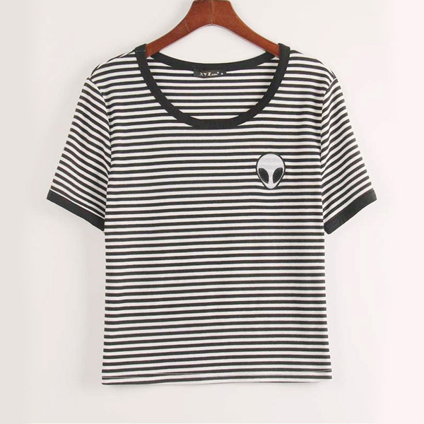 Brandy Melville Shirt Womens Small One Size Black White Crop Top Striped  Ladies