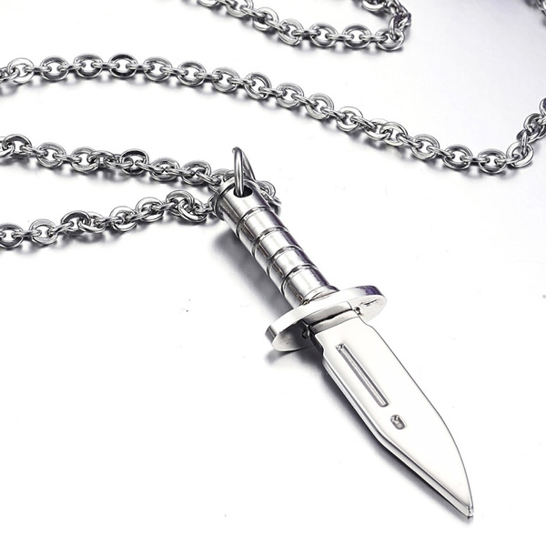 Highly Popularity Engraved Dagger Knife Dangling Charm Pendant Silver Titanium Necklace Jewelry Gift Size Single Color Wish - Knife Pendant Necklace Engraved