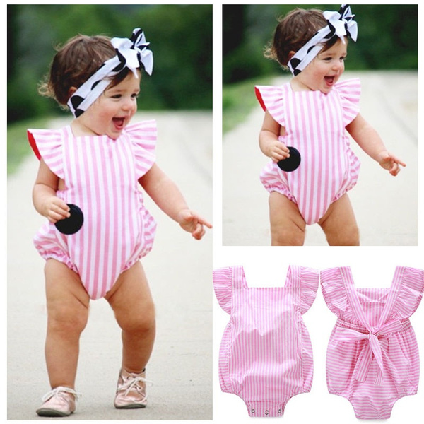 Baby Girl Attached Pouch Half Sleeve Pink Color Striped Romper