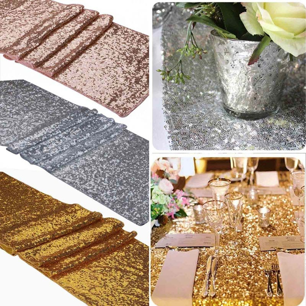 Rose Gold Glitter Sequin Table Runner - 12x108 Inches Sparkly Wedding, Party, Decoration Backdrop