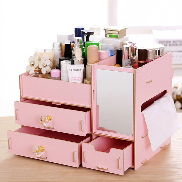New L Size Diy Wood Cosmetic Organizer, Wooden Makeup Organizer With Mirror