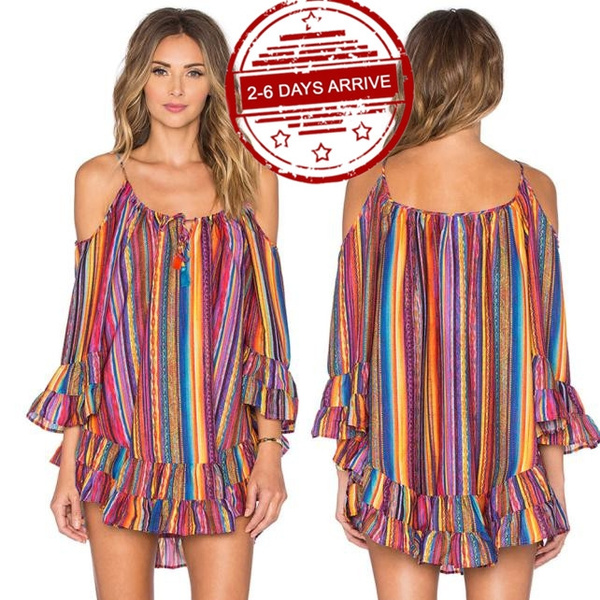 Women's Summer Rainbow Print Fringed Beach Dress Loose Chiffon Strap ...