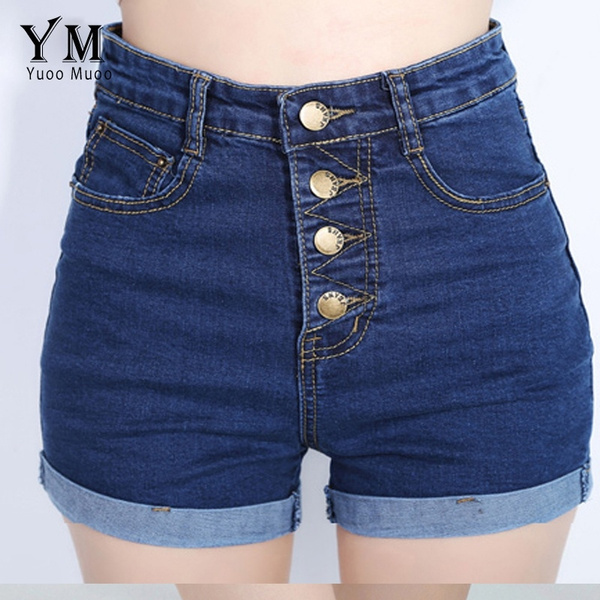 16 Fashion Buttons Retro Elastic High Waist Shorts Feminino Denim Shorts For Women Plus Size Blue Jeans Shorts Wish