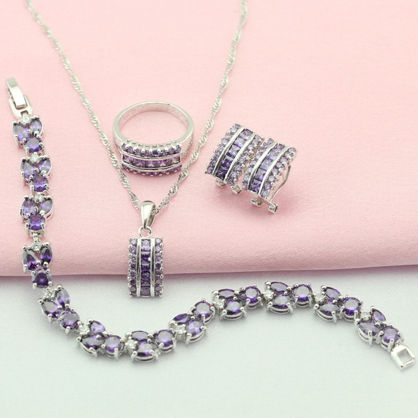 Pretty purple Amethyst 925 Silver Necklace Pendant Earrings Ring Bracelet 
