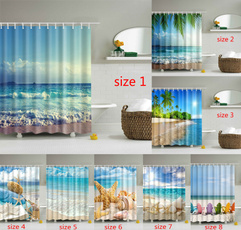 Ocean Decor Collection, Tropical Palm Trees on a Sunny Island Beach Scene Panoramic View Polyester Fabric Bathroom Shower Curtain Set with Hooks
