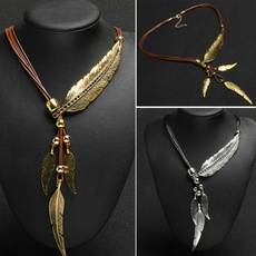Women Fashion Black Rope Chain Feather Pattern Pendant Necklace Collars Necklace Fine Jewelry