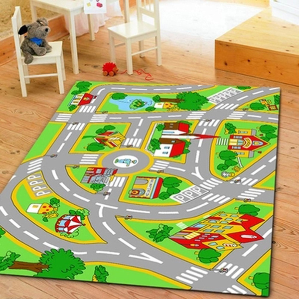 39 X 51 City Street Map Kids Rug with Roads Kids Rug Play mat with School Hospital Station Bank Hotel Book Store Government Workshop Farm for Boy Girl Nursery Bedroom Playroom Classroom 