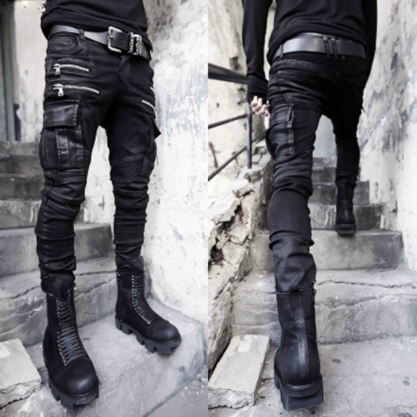 Men Punk Rock Black Skinny Zip Pocket 