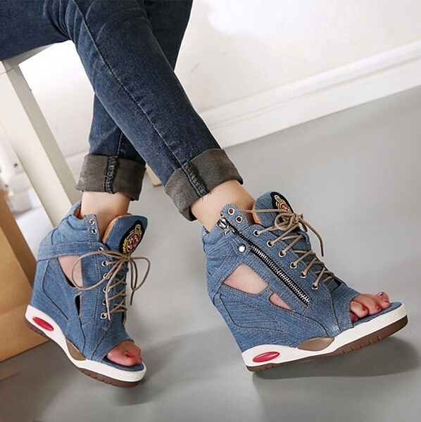 New fashion increased platform wedges canvas denim octopus mouth open ...