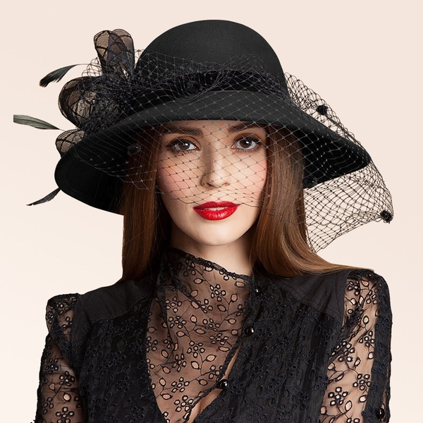 Womens Wool Felt Floral Veil Netting 