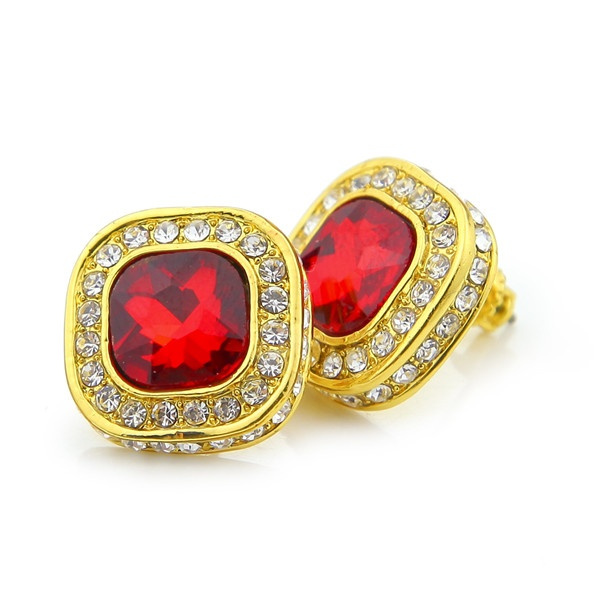 Huge Red Ruby Hip Hop Earrings Faux Stone 16MM Square Gold Tone Iced Blinged 