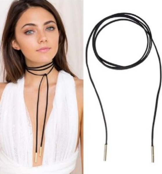 5mm GOLD Tube Black Faux Suede Cord String Wrap Bolo Tie Lariat Choker Necklace 