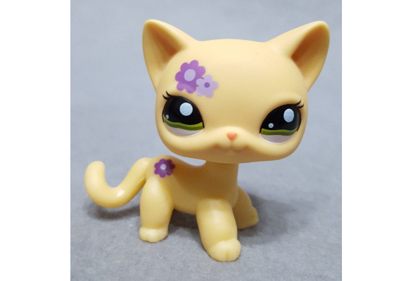 2'' Beige Cat Purple flower Green Eyes Kids Toys  Littlest Pet Shop LPS 1962 