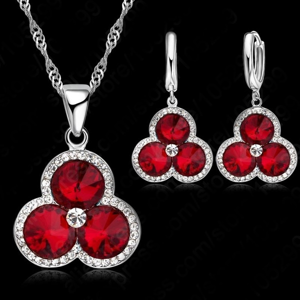 Real Romantic 925 Sterling Silver Cz Crystal Petal Shape Red Stone Pendant Necklace Earring For Woman Wedding Jewelry Set Wish - Sterling Silver Red Stone Pendant Real Romantic 925 Sterling Silver Cz Crystal Petal Shape Red Stone Pendant Necklace Earring For Woman Wedding Jewelry Set Wish - Sterling Silver Red Stone Pendant