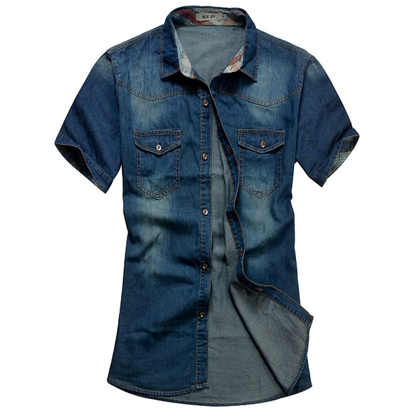Jeans uomo camicia di cotone sottile manica corta denim shirt uomo  monopetto patchwork da cowboy camisas chemise homme | Wish