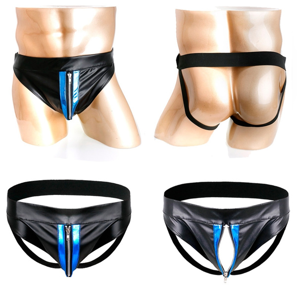 Mens Faux Leather Zipper Pouch Bikini Briefs Jockstrap Gay Underwear Wish 9981