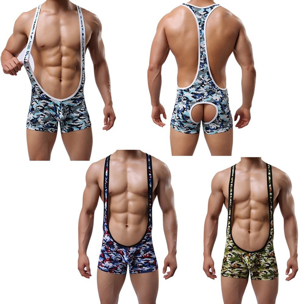 Sexy Mens Camouflage Buttless Wrestling Singlet Mankini Underwear