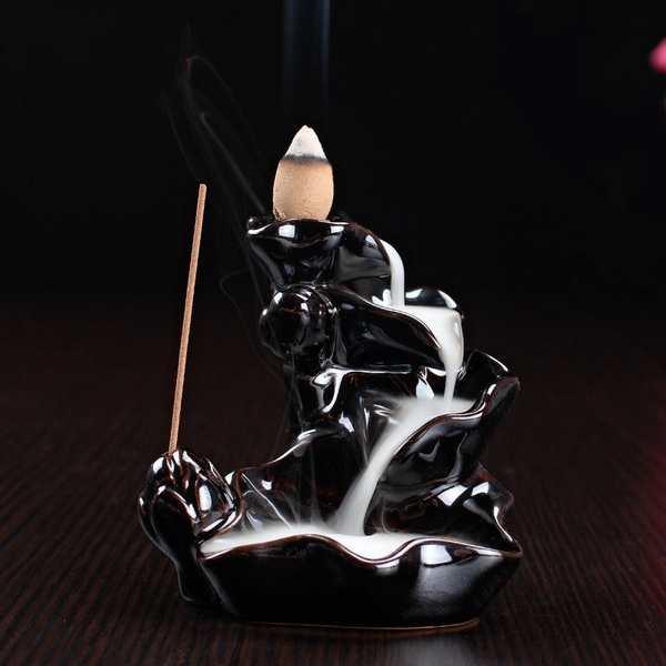 Buddhist Ceramic Glaze Incense Burner Cones Backflow Censer Black Tower Holder 