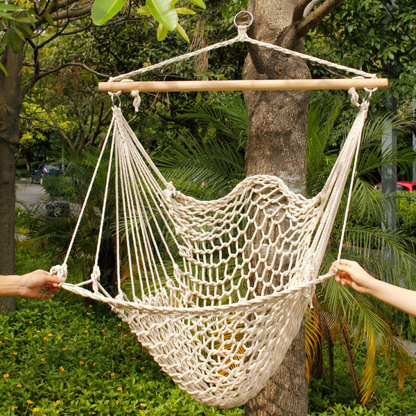 New Cotton Rope Single Person Swing Hanging Hammock Chair Cradle with Wood  Stretcher for Outdoor Camping Pop