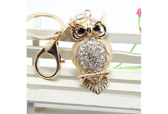 Black Crown Owl Keychain Rhinestone Crystal Keyring Bag Charming Pendant Gift