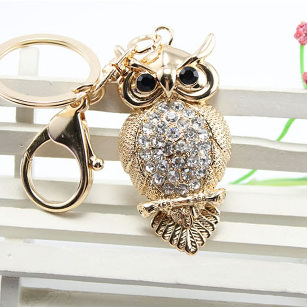 Owl Keychain Rhinestone Crystal Keyring Key Ring Chain Bag Charm