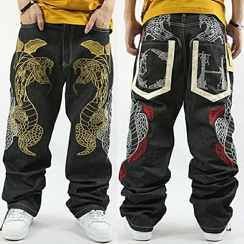 Men's Fashion Vintage Graffiti Embroidery Hip Hop Unwashed Baggy Jeans ...