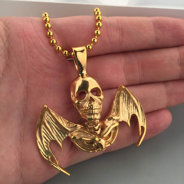 Grim Reaper Death skeleton Skull Bat wings tattoo 30" pendant chain